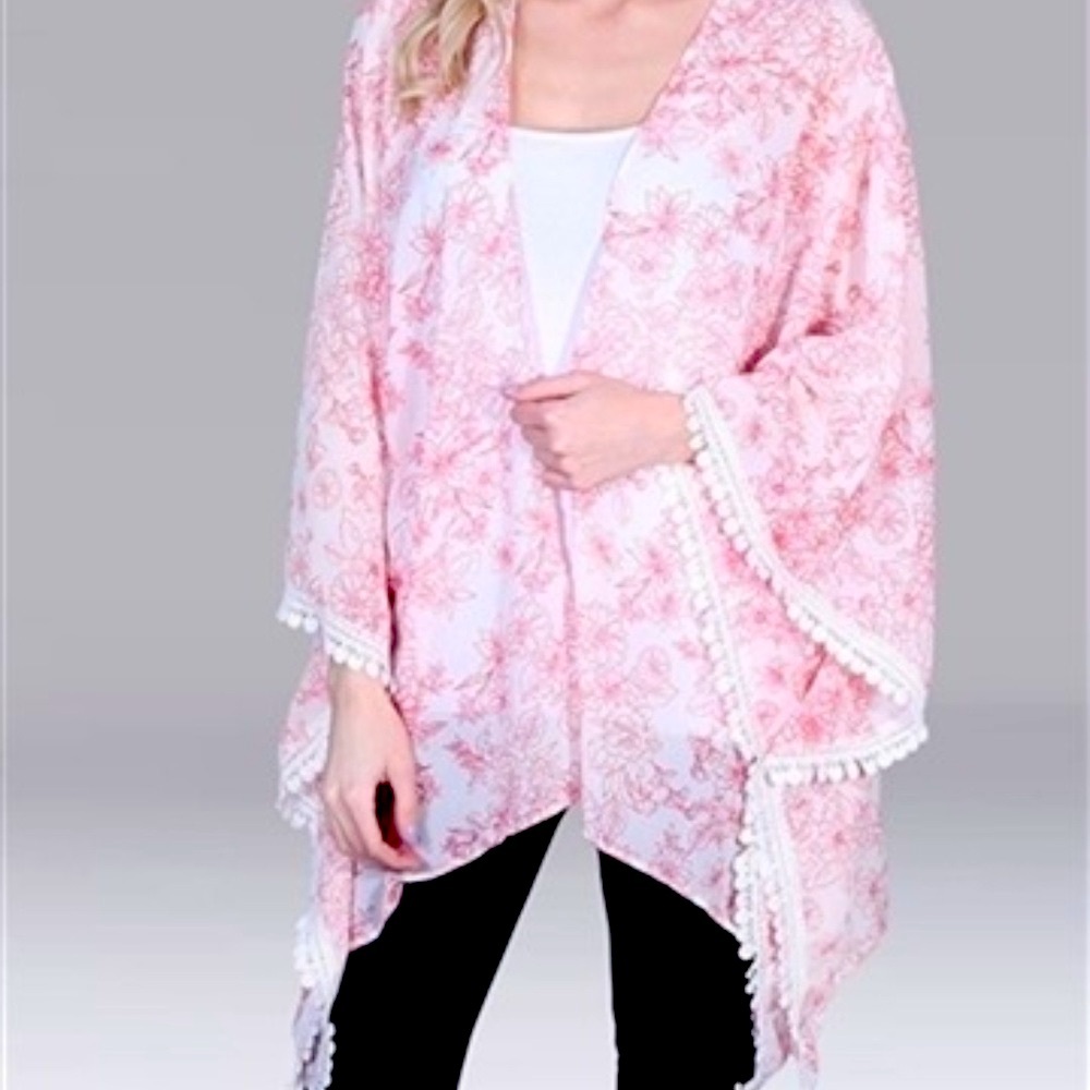 RED LOLLY KIMONO OS Pink Fringe Feminine Tassels Floral pair Layer casualwear